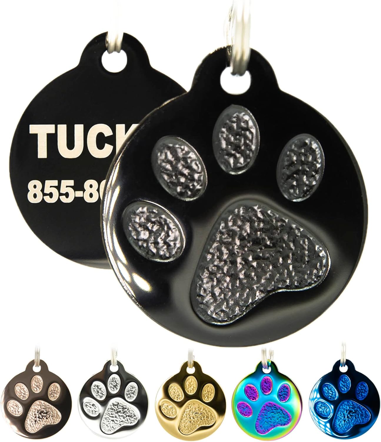 Engraved Pet Tag for Dogs and Cats - Personalized Front & Back up to 4 Lines of Text Custom Engraved ID, Round Paw Print Solid Plating Stainless Steel Black Regular