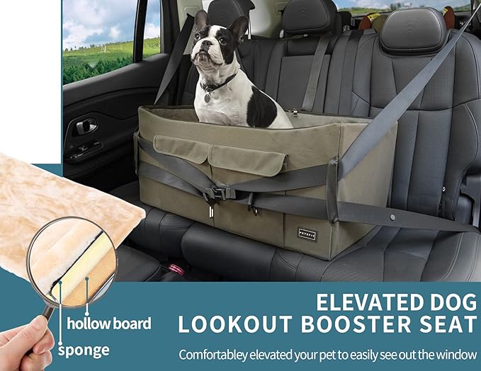 Petsfit Dog Booster Seat For 2 Small Dogs or Medium Dog up to 45 lb, Large Dog Car Seat With 2 Big Pockets for Cars, Trucks and SUVs (Large, Dark Brown)