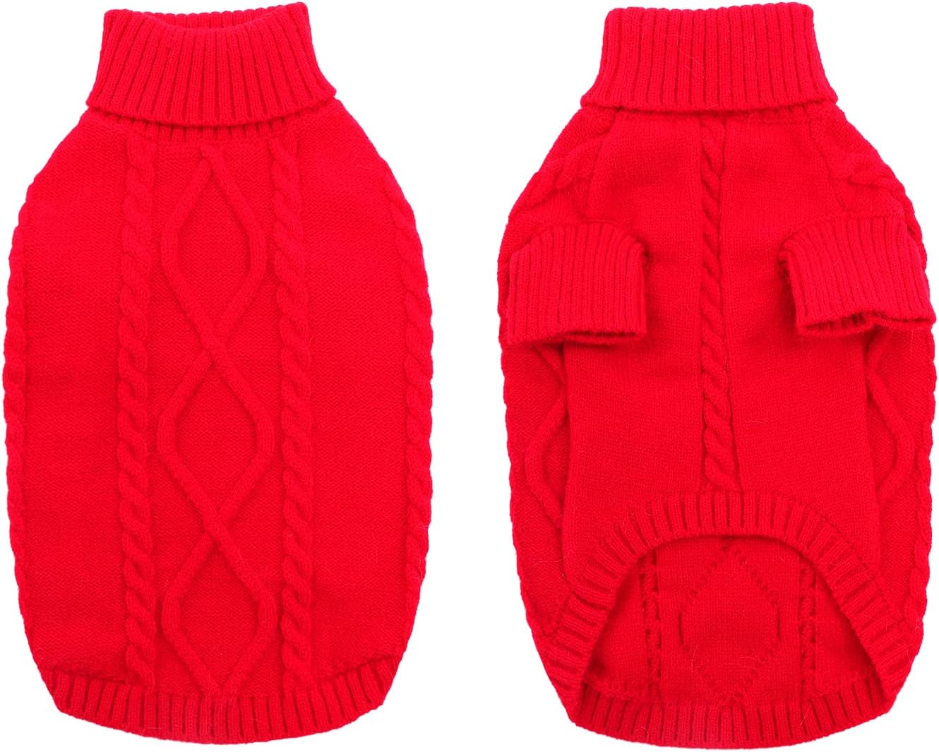 Queenmore Small Dog Pullover Sweater, Cold Weather Cable Knitwear, Classic Turtleneck Thick Warm Clothes for Chihuahua, Bulldog, Dachshund, Pug (Red, X-Large)