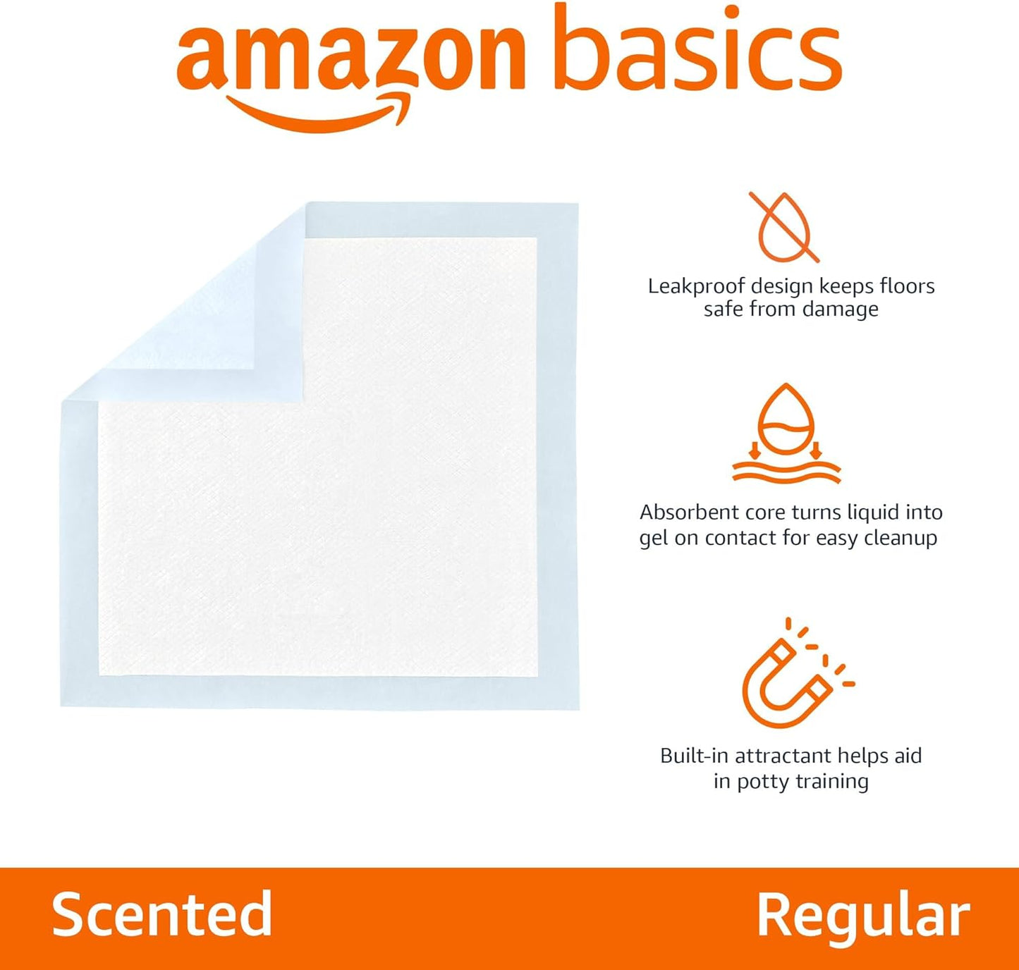 Amazon Basics Scented Dog and Puppy Pee Pads, 5-Layer Leak-Proof Super Absorbent, Quick-Dry Surface, Potty Training, Regular (22x22"), 100 Count, Blue & White