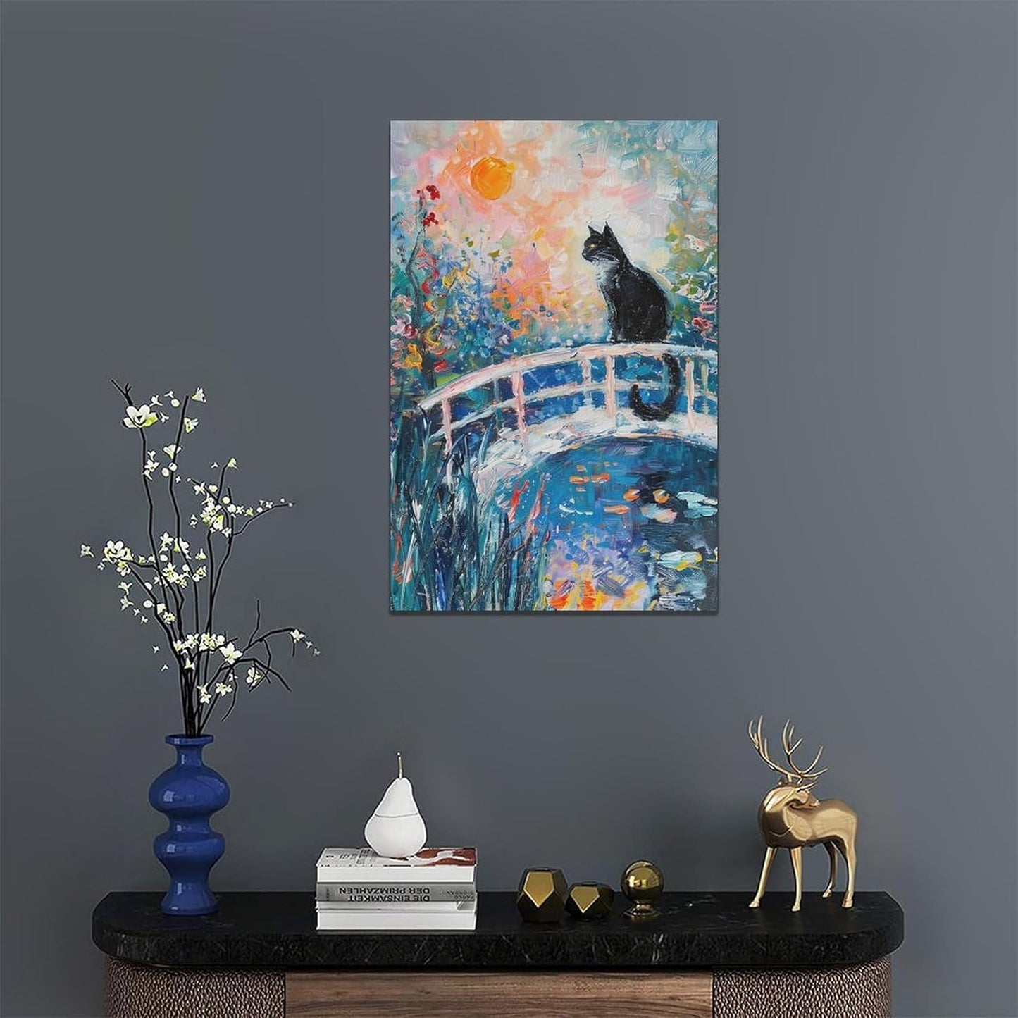 Quorin Black Cat Wall Art Water Lily Sunset Pictures Cat Wall Decor Impressionism Canvas Print Painting Artwork for Bathroom Living Room Bedroom 16"x24"