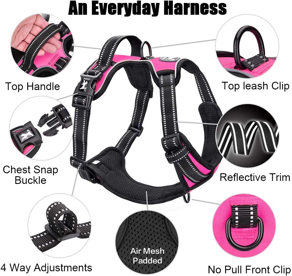 PoyPet No Pull Dog Harness, Reflective Comfortable Vest Harness with Front & Back 2 Leash Attachments and Easy Control Handle Adjustable Soft Padded Pet Vest for Small to Large Dogs (Pink,S)