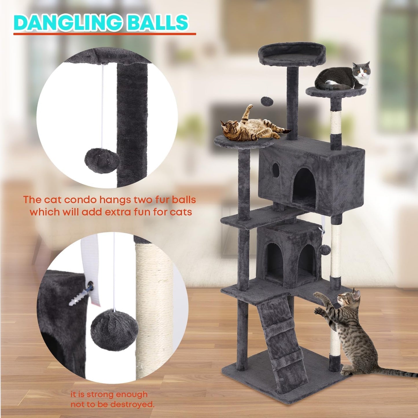 FDW Cat Tree 70in Cat Tower Multi-Level Durable Cat Scratching Post & Cozy Fun Cat Jumping Platform Space Saving Cat Condo Pet Play House for Indoor Cats,Light Gray