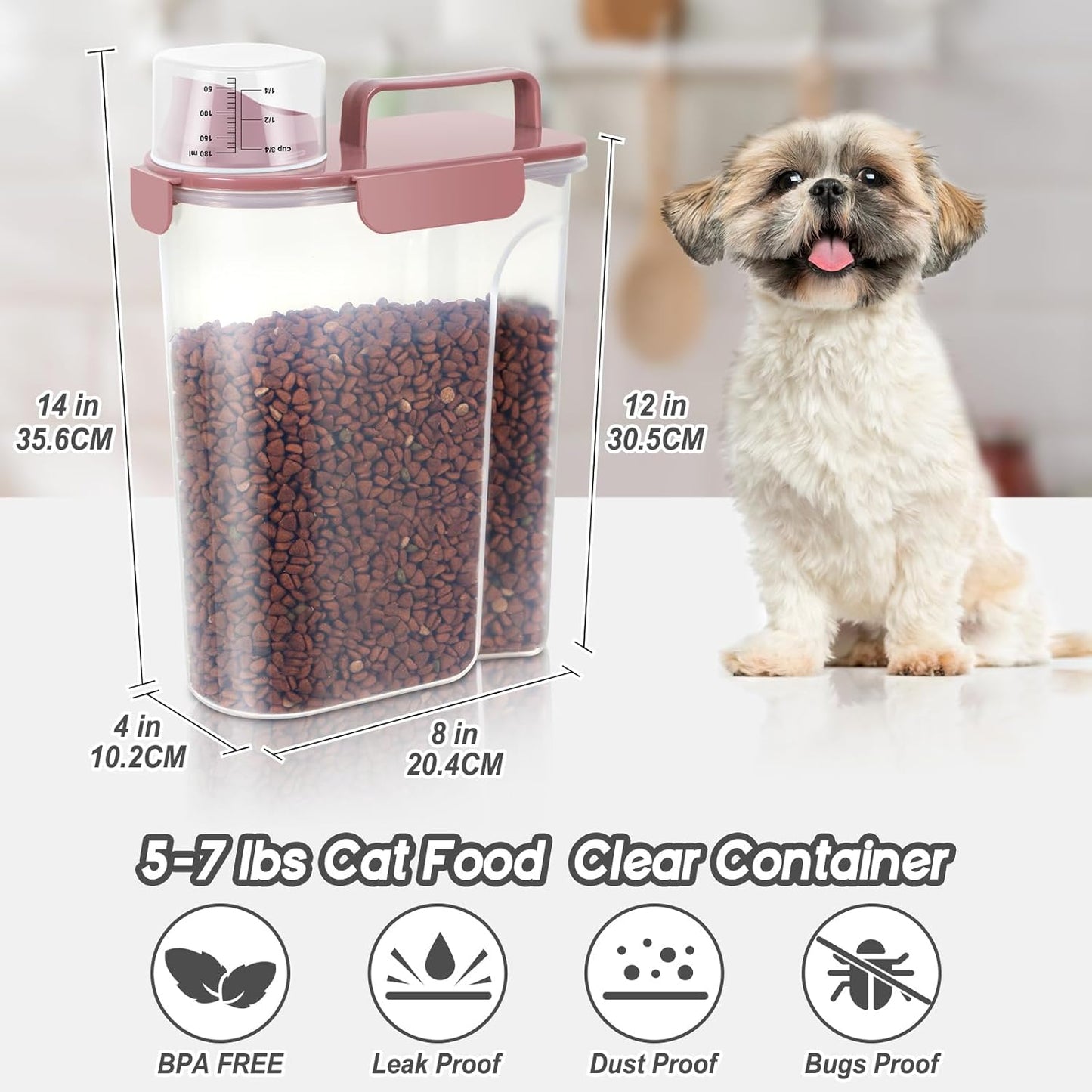5-7Lbs Cat Dog Storage Container, Portable Pet Food Containers with Upgraded Large Spout and Cup, Small Animal Kibble Dispenser for Bird Seed, Oatmeal, Rice, Flour (2, Pink, 5L)