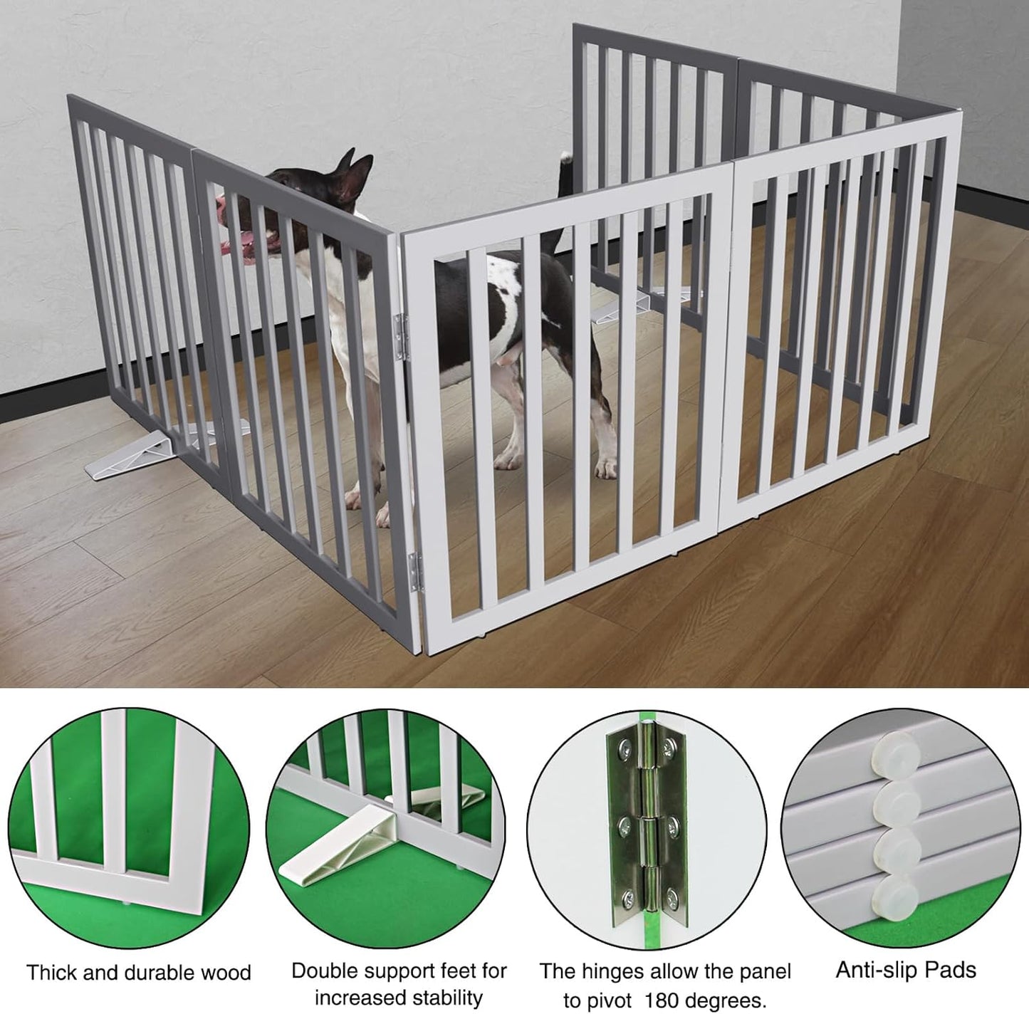 ZJSF Freestanding Indoor Dog Gate for House Foldable Wood Puppy Gate for Doorways Pet Gate for Stairs Extra Wide Pet Fence, Grey, 24" Height 6 Panels