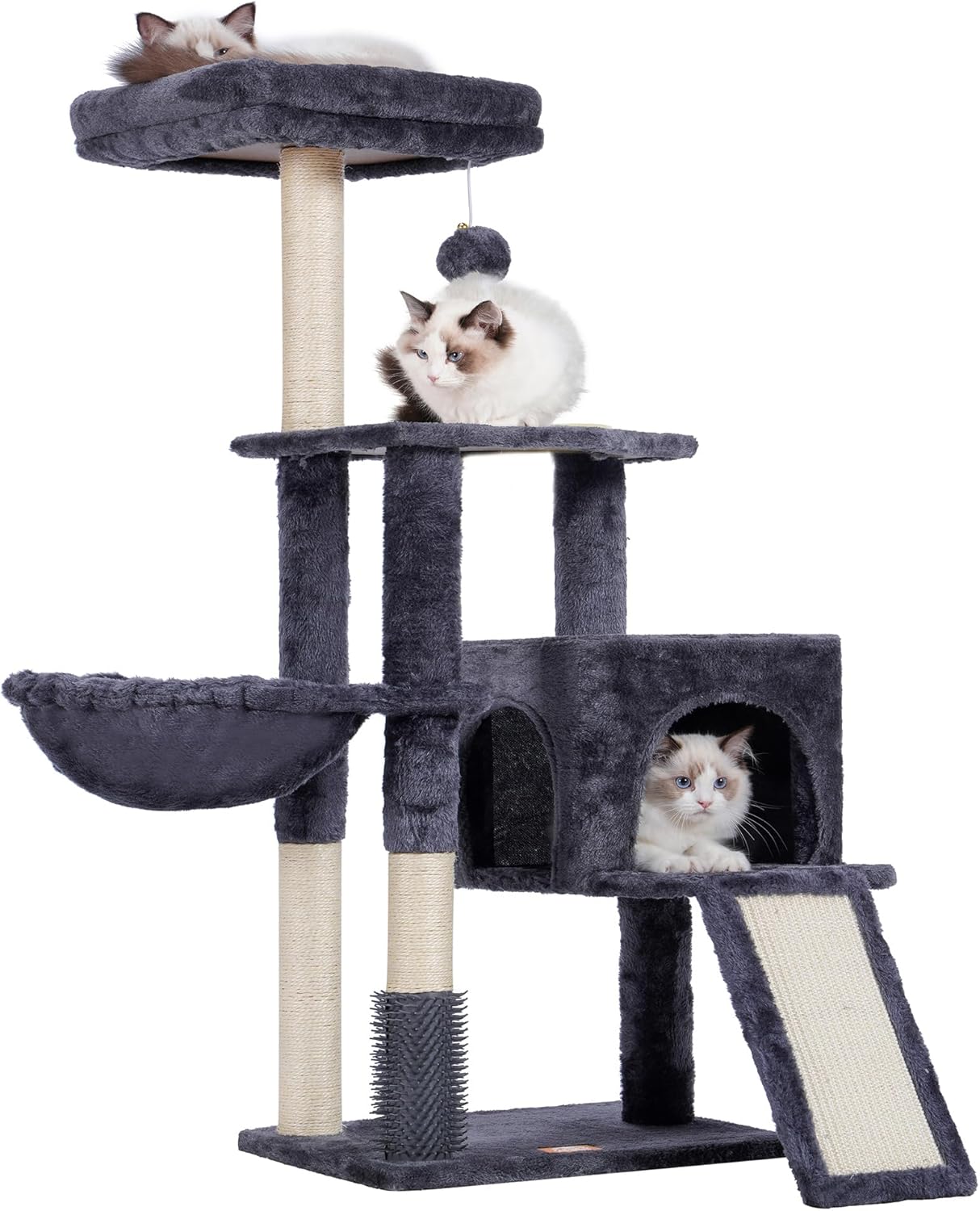 Heybly Cat Tree with Cat Self Groomer Brush, Cat Tower Condo for Indoor Cats with Padded Plush Perch, Cat House with Basket Scratching Board Post, Smoky Gray HCT005SG