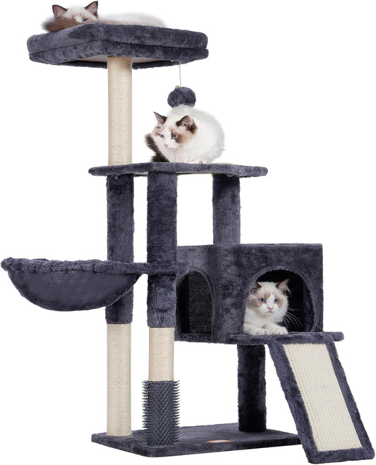 Heybly Cat Tree with Cat Self Groomer Brush, Cat Tower Condo for Indoor Cats with Padded Plush Perch, Cat House with Basket Scratching Board Post, Smoky Gray HCT005SG