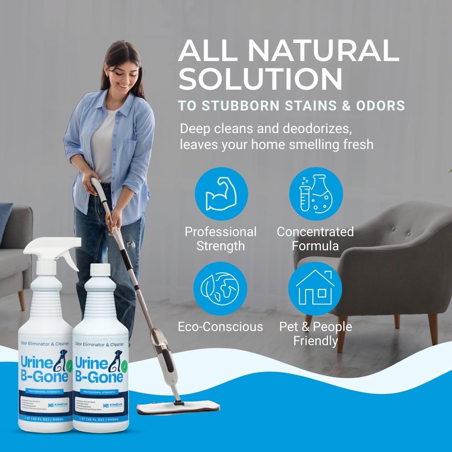 KINZUA ENVIRONMENTAL Urine B-Gone, Professional Enzyme Odor Eliminator & Pet Stain Remover, Human, Cat & Dog Urine Cleaner, Effective on Laundry, Carpets & More, Original Scent, 32oz, Pack of Two