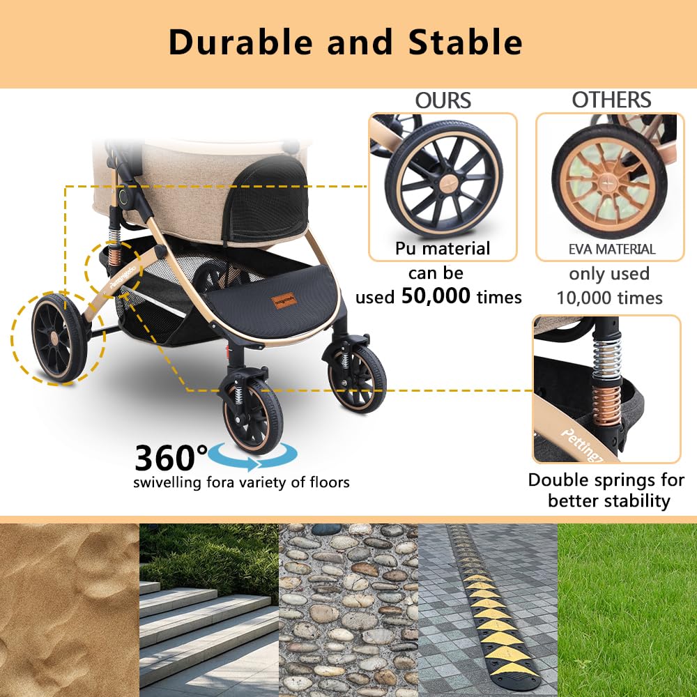 Pettingzoo Dog stroller with 4 Wheels, Folding Cat Stroller for Small/Medium/Large dogs & cats to 60 lbs, pet stroller with removable carrier, Storage BasketCup Holder,3 in1 Multifunctional Detachable