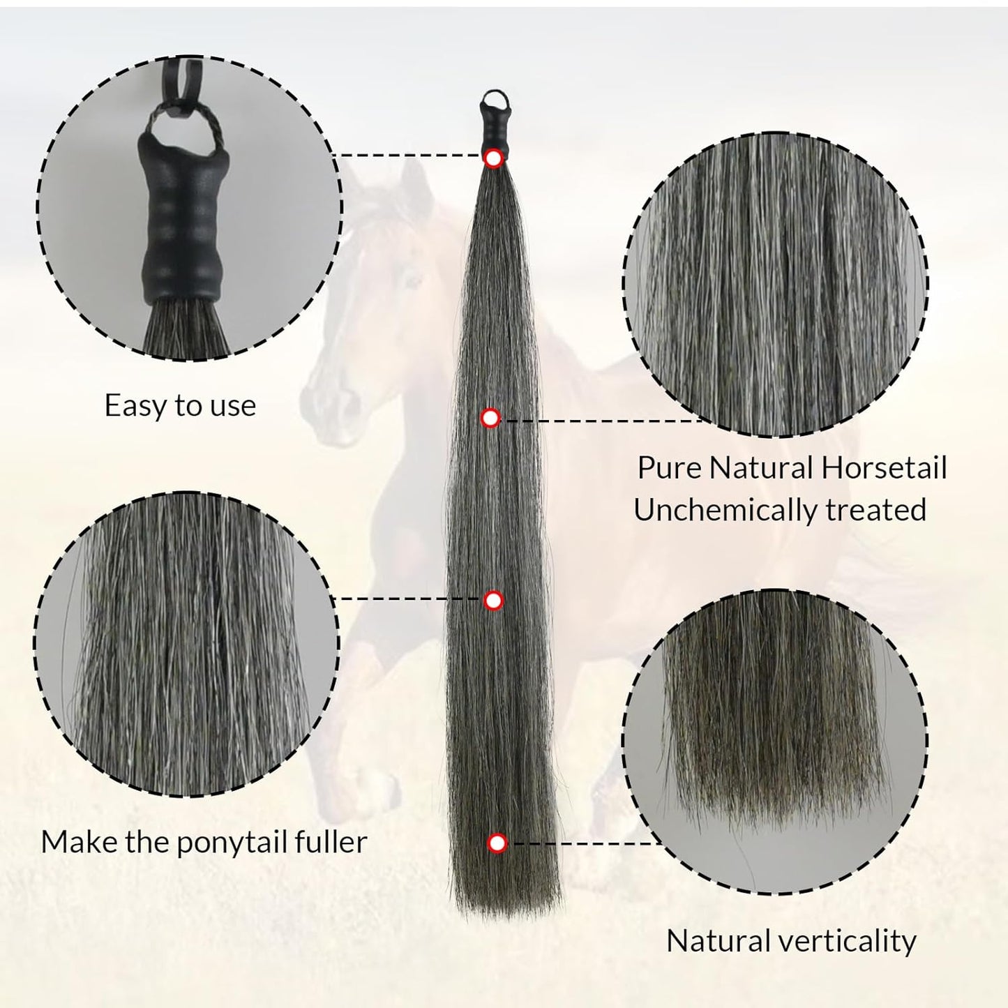Horse Tail Extension with Braided Horsehair Loop, Blunt Cut Bottom, 3/8 lb, 28-30 inches (dark gray)