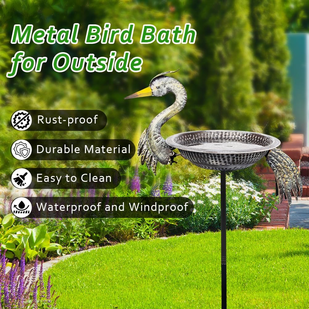 Metal Bird Bath with Stake, 13" Dia Crane Bird Baths for Outdoors, Freestanding Birdbath & Birdfeeder for Outside Garden Yards Lawn Decor, 46 Inch Tall