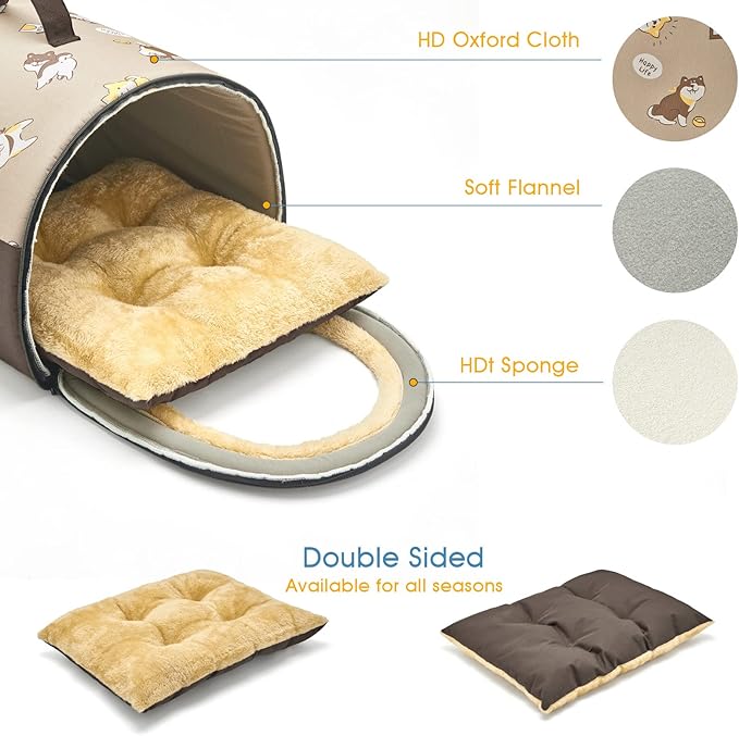 Jiupety Cozy Small Pet Dog House, 2 in 1 Puppy House, S Size for Cat and Puppy, Warm Cave Sleeping Nest for Cats and Dogs, S(15"×12"×11"), Up to 5.5 Lb, Brown