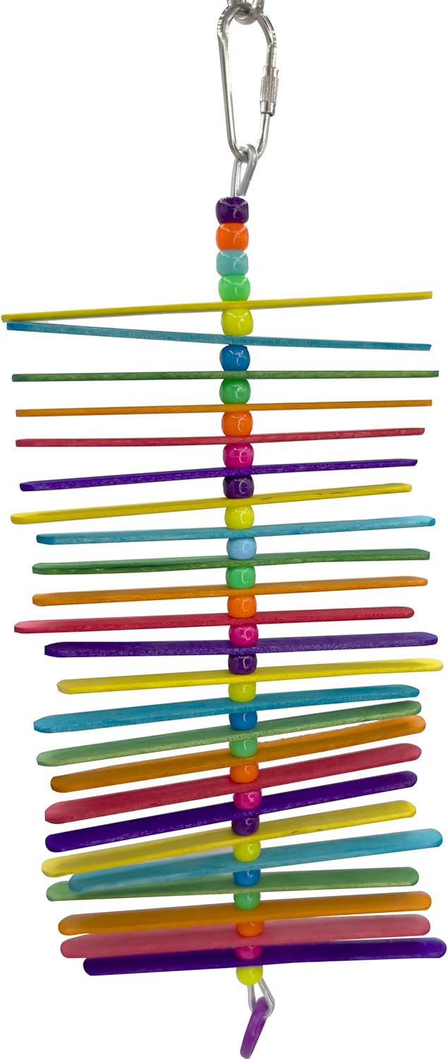 859 Mini Long Rainbow Stick - Handcrafted with Colorful Wooden Slats and Beads, Chewable sticks turn around as pets play, Great for Budgies, Parrotlets, Lovebirds and Small Pet Birds