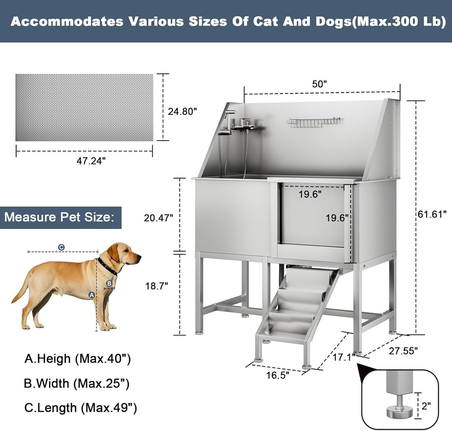 CuisinSmart 50" Dog Bathtub for Large Dogs, Professional Dog Washing Station with Dog Wash Attachment, Bath Pool for Outdoor, Indoor Shower and Grooming (50" Right Door)