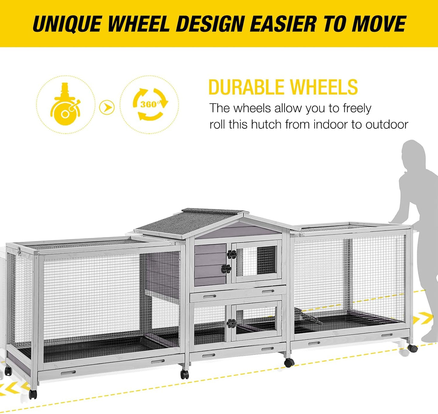 Aivituvin Rabbit Hutch Large 2-Story Bunny Cage Indoor Outdoor on Wheels Bunny House with Run,Pull-Out Tray