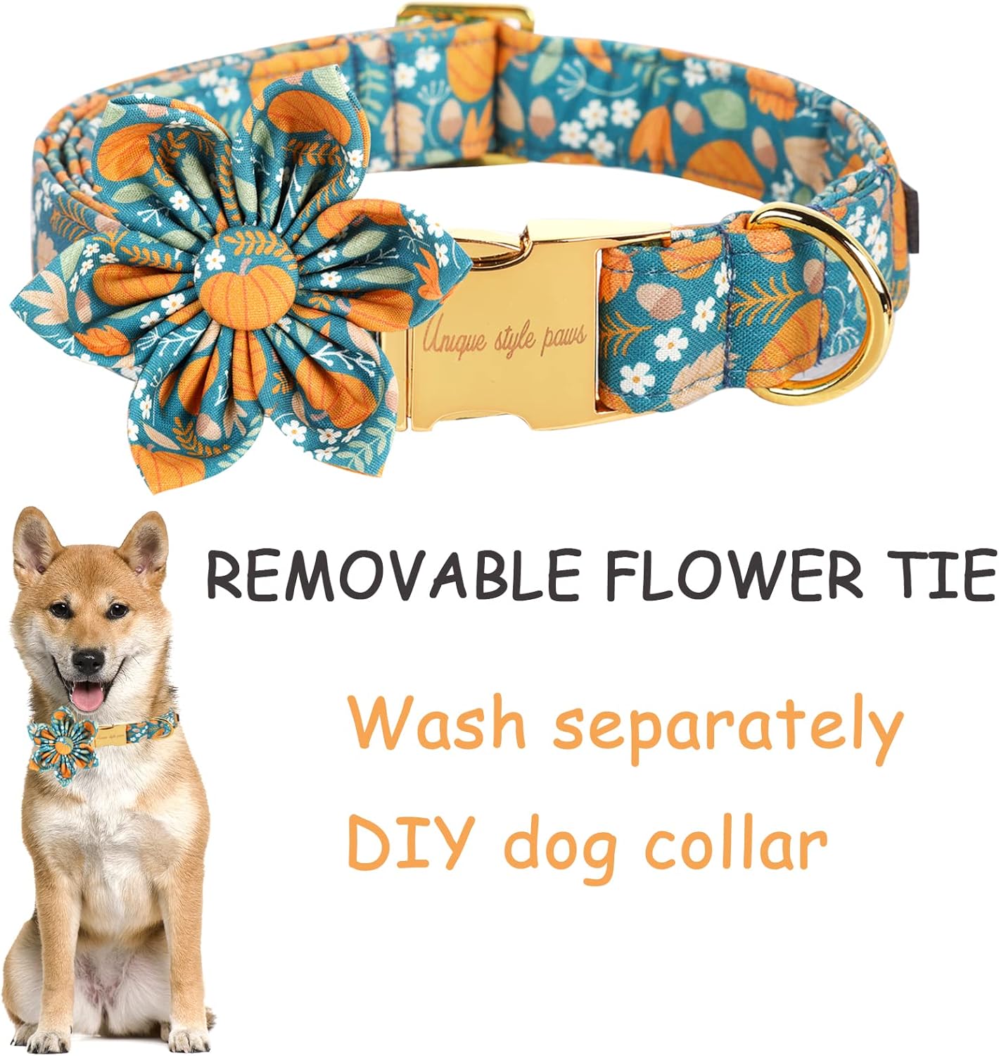 Unique style paws Halloween Dog Collar with Flower Tie Pumpkin Cotton Collar Adjustable Puppy Collar for Small Medium Large Dogs-S