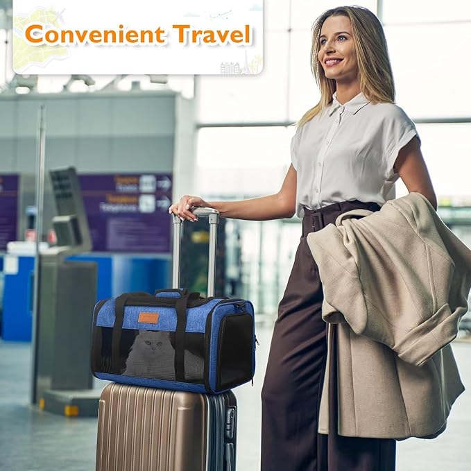 PETUX Pet Carrier Airline Approved, 17"x11"x9.5" Portable Cat Carrier Soft with Anti-Scratch Mesh for Small Cats up to 12 lb, Top Open Breathable Dog Carriers for Puppy up to 10 lb (Blue)