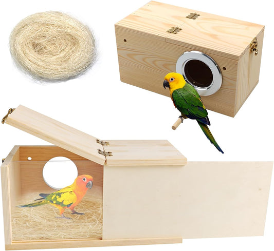 PINVNBY Nesting Box for Birds,Wooden Parakeet Nest Box with Detachable Board Transparent Visual Cockatiel House for Budgie Lovebird Conure Parrot (XL)