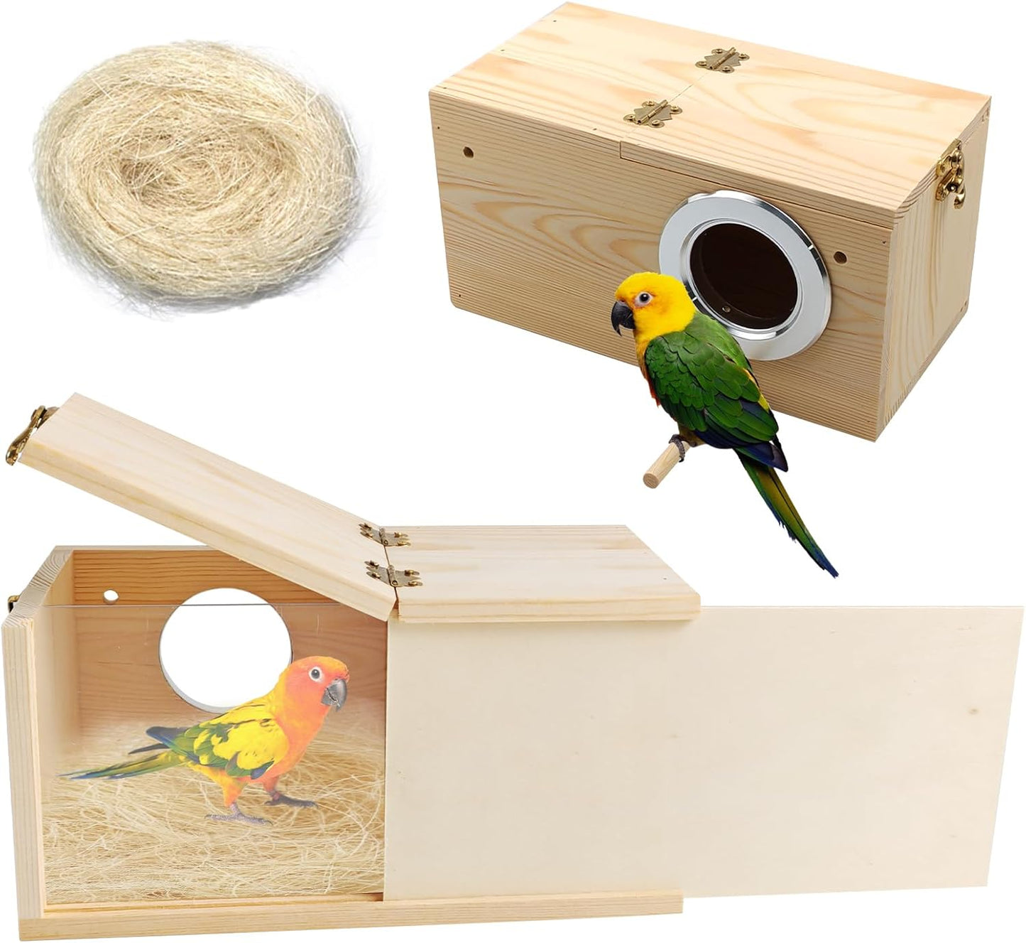 PINVNBY Acrylic Parakeet Nesting Box,Transparent Bird Breeding Box with Detachable Wooden Board Visual Cockatiel House for Budgie Lovebird Conure Parrot (S)