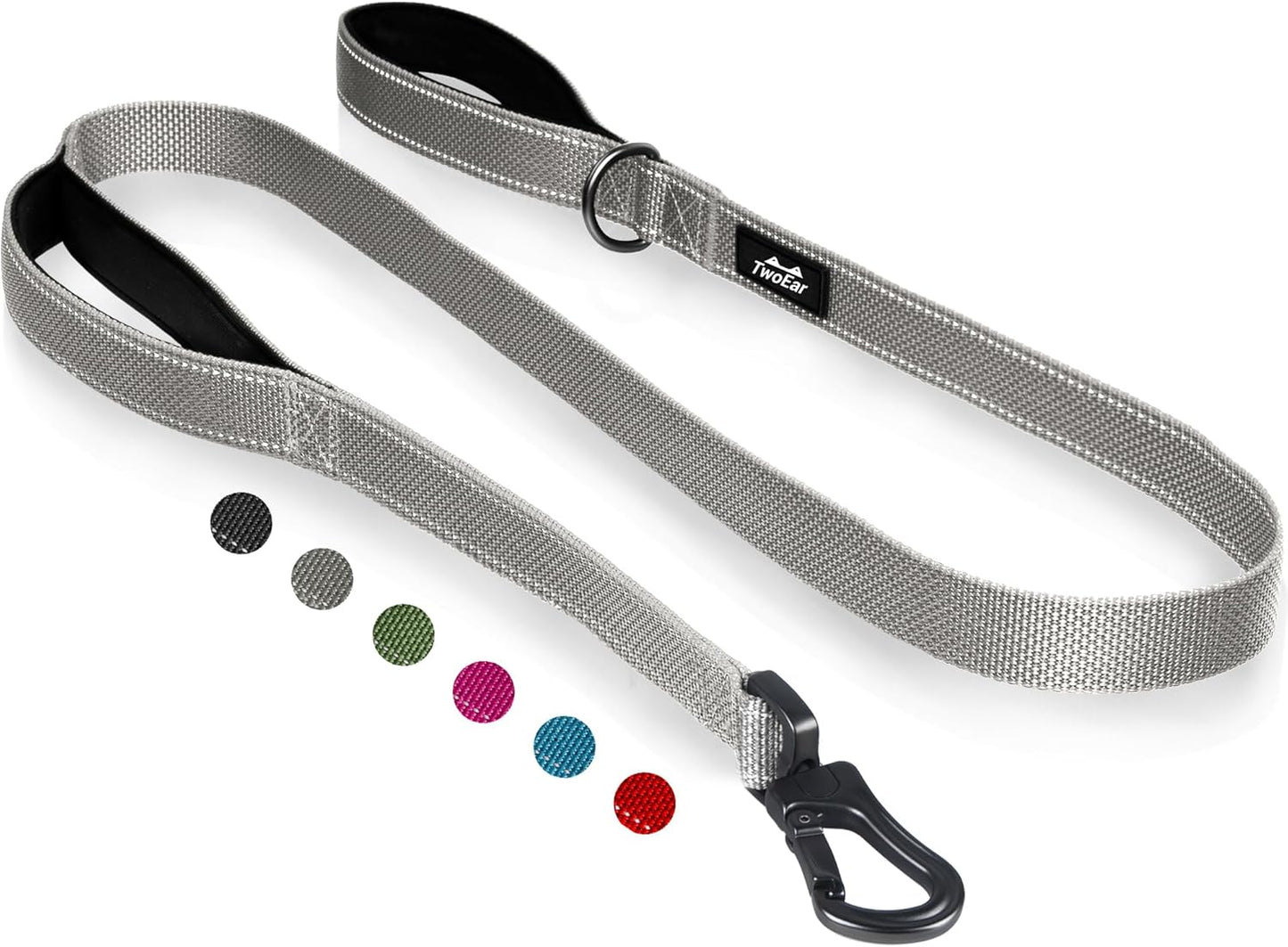 TwoEar 5FT 1IN Strong Gray Dog Leash with 2 Padded Handles, Traffic Handle Extra Control, Comfortable Soft Dual Handle, Auto Lock Hook, Reflective Walking Lead for Small Medium and Large Dogs