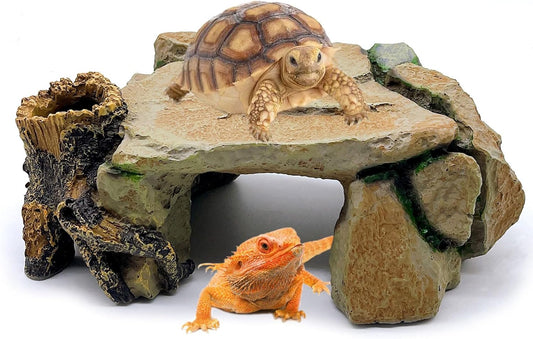BNOSDM Reptile Hide Cave, Turtle Basking Platform, Terrarium Resin Rock Decor, Lizard Hideout Rocks Tank Accessories for Bearded Dragons, Snake, Leopard Gecko, Tortoise, Axolotls
