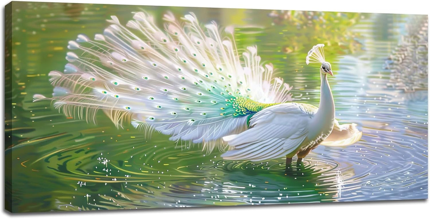 Large White Peacock Wall Art for Living Room Lake Colorful Peacock in Full Bloom Art Big Space Size Framed Bird Canvas Prints Pictures Painting Artwork Office Bedroom Home Decor 60"x30"