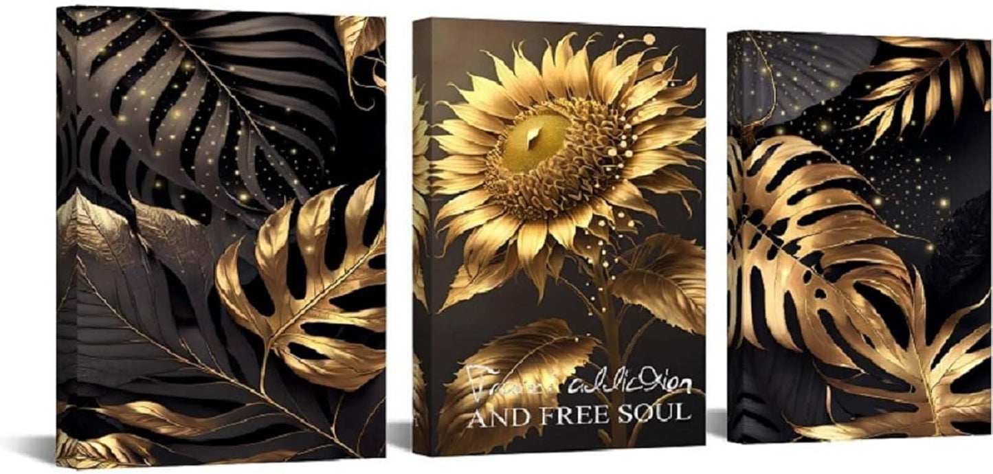 Yxbhhym Bedroom Wall Art Sunflower Canvas wall Art for living room Black and Gold Wall Décor pictures Leaf Artwork Paintings Flower Poster Prints Dining Room Office Décor Bathroom Decorations