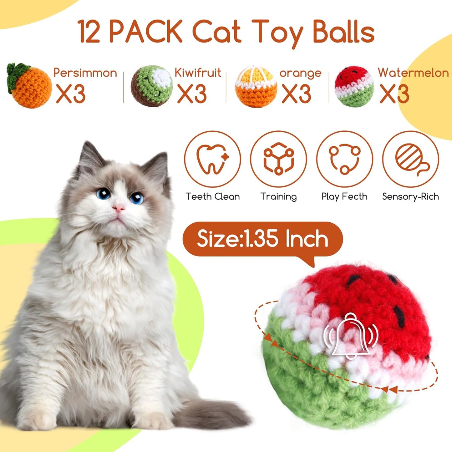 12 Pack Cat Toy Balls, Hand-Knitted Woolen Yarn Cat Balls Toy with Bell Inside, Interactive Kitty Toys for Indoor Kitten Teething, Chasing & Self Play(Fruit-Shaped)