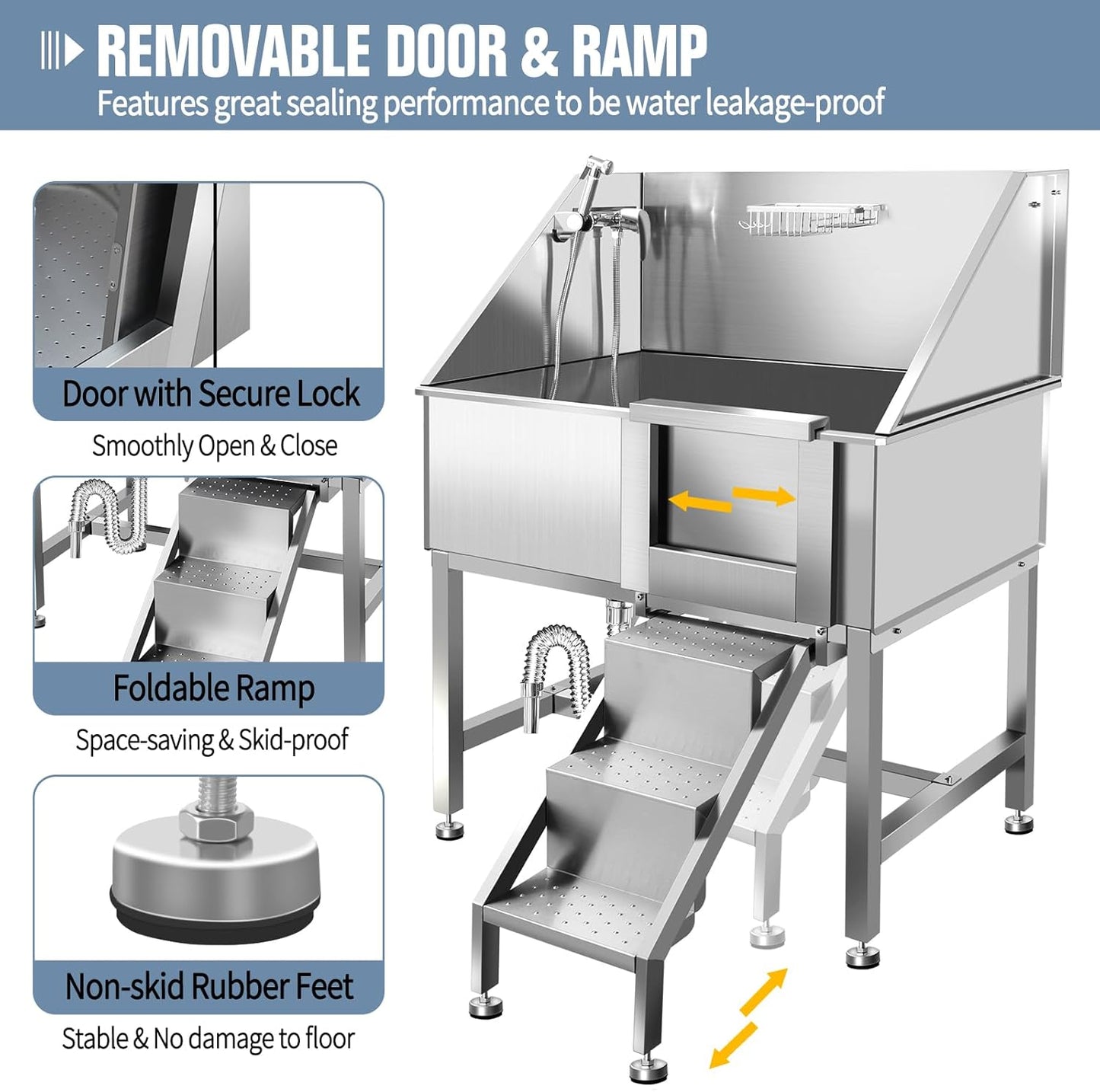 38"" Pet Dog Bathing Station W/Ramp, Professional Stainless Steel Dog Grooming Tub W/Soap Box, Faucet,Rich Accessory, Dog Bathtub for Large,Medium,Small Pets, Washing Sink for Home,R-RAMP