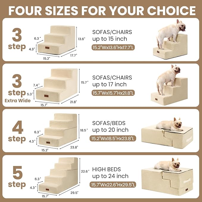 Dog Stairs for Small Dogs & Cats, 3-Step Non-Slip Pet Steps for Couch Sofa and Chair, Beige, 13.6" H