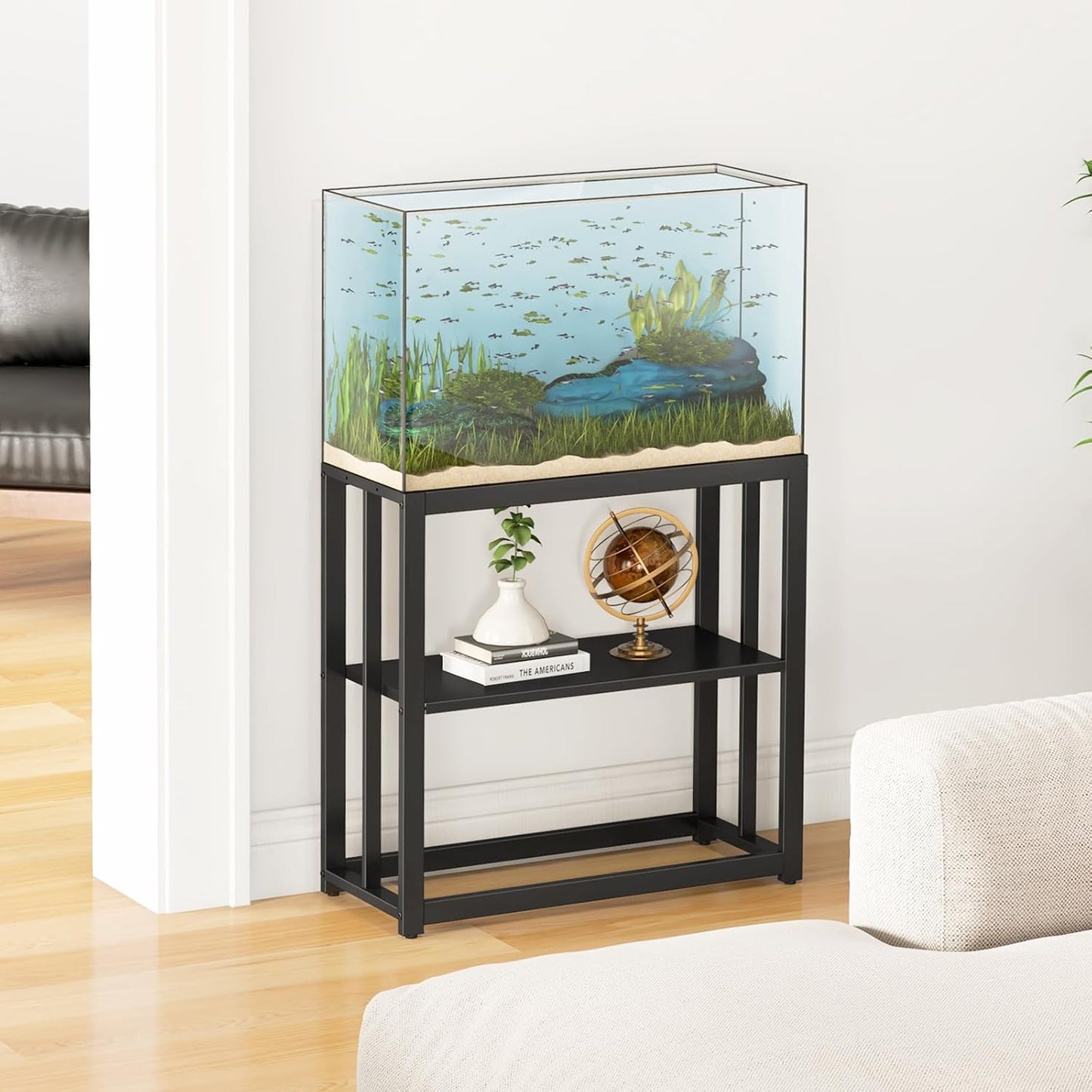 30.7" W x 13" Inch for 20-29 Gallon Long Fish Tank Stand With Storage Shelf, Aquarium Stand With Hooks,Heavy Duty Metal Turtle Reptile Tank Stand, Easy Assemble
