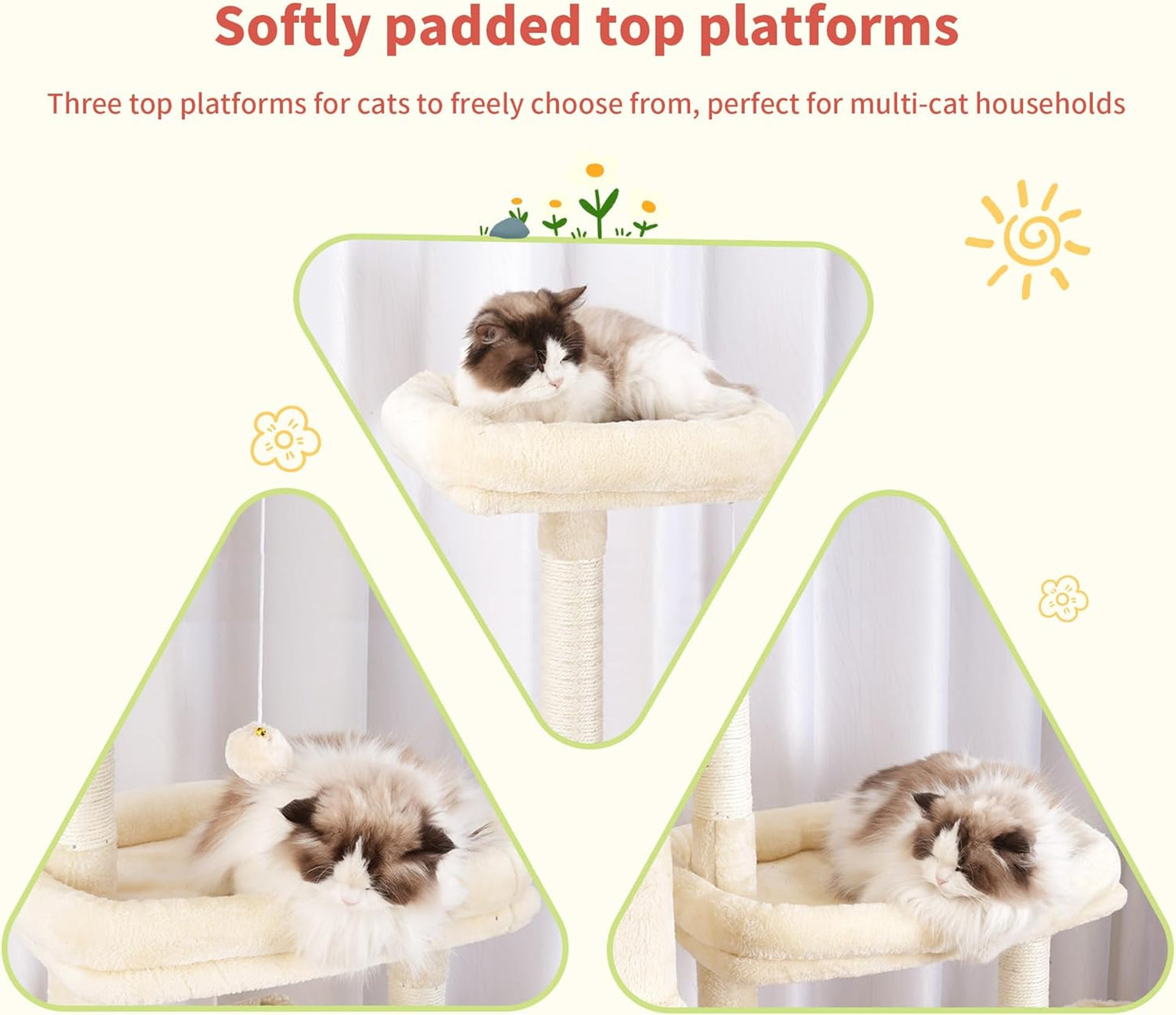 Hey-brother Cat Tree Tower, Scratching Posts with a Extended Part, Wide Platforms, Cozy Condos, Hammocks, Sisal Columns and Ball for Indoor Cats, 70.1 Inches, Beige MPJ038M