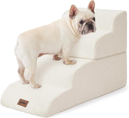 Dog Stairs Ramp for Bed 19.7" H - Pet Stairs Steps for Small to Medium Dogs to Get on Bed and Couch, 35D Foam with Non-Slip Bottom Beige, 4 Steps