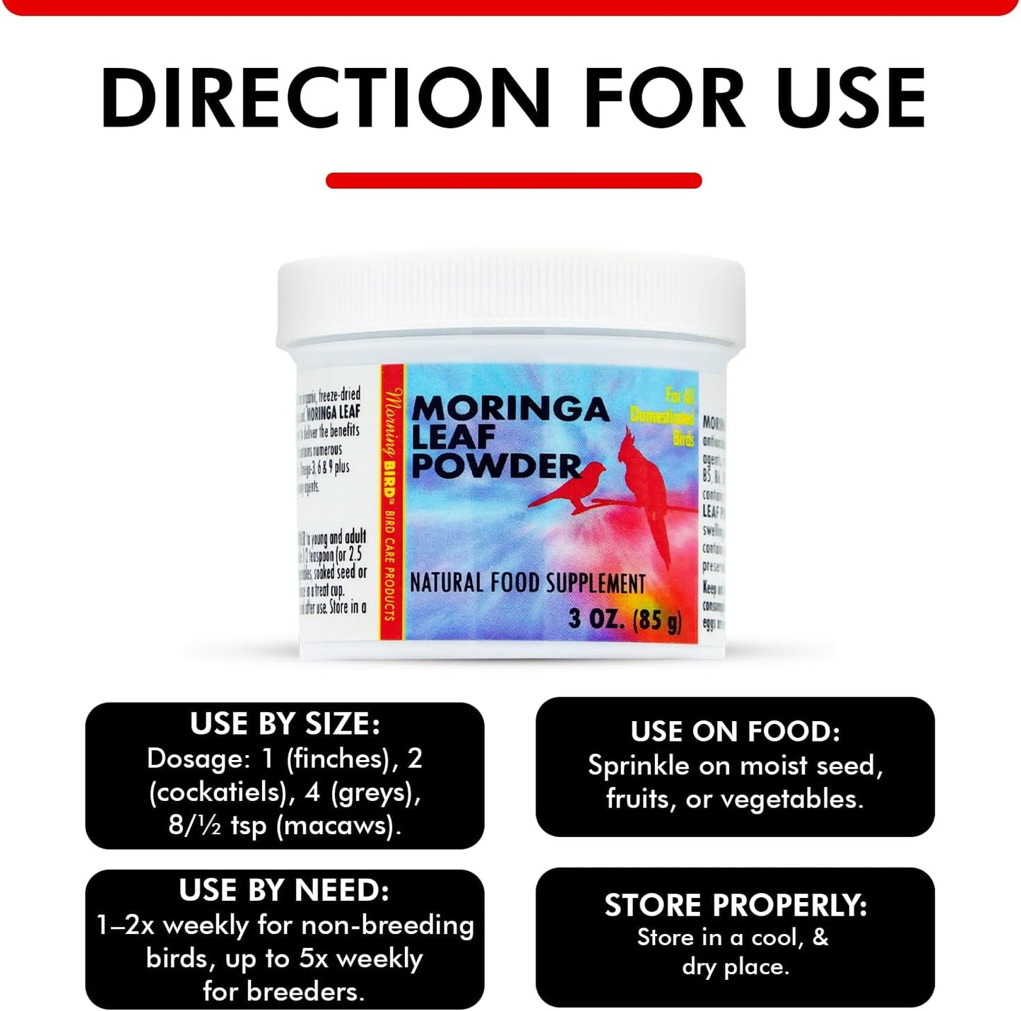 Morning Bird Moringa Leaf Powder 3 oz – Natural Food Supplement for Birds, Rich in Vitamins & Minerals, Boosts Immune System & Energy, Supports Healthy Feathers, Digestion, and Overall Avian Wellness