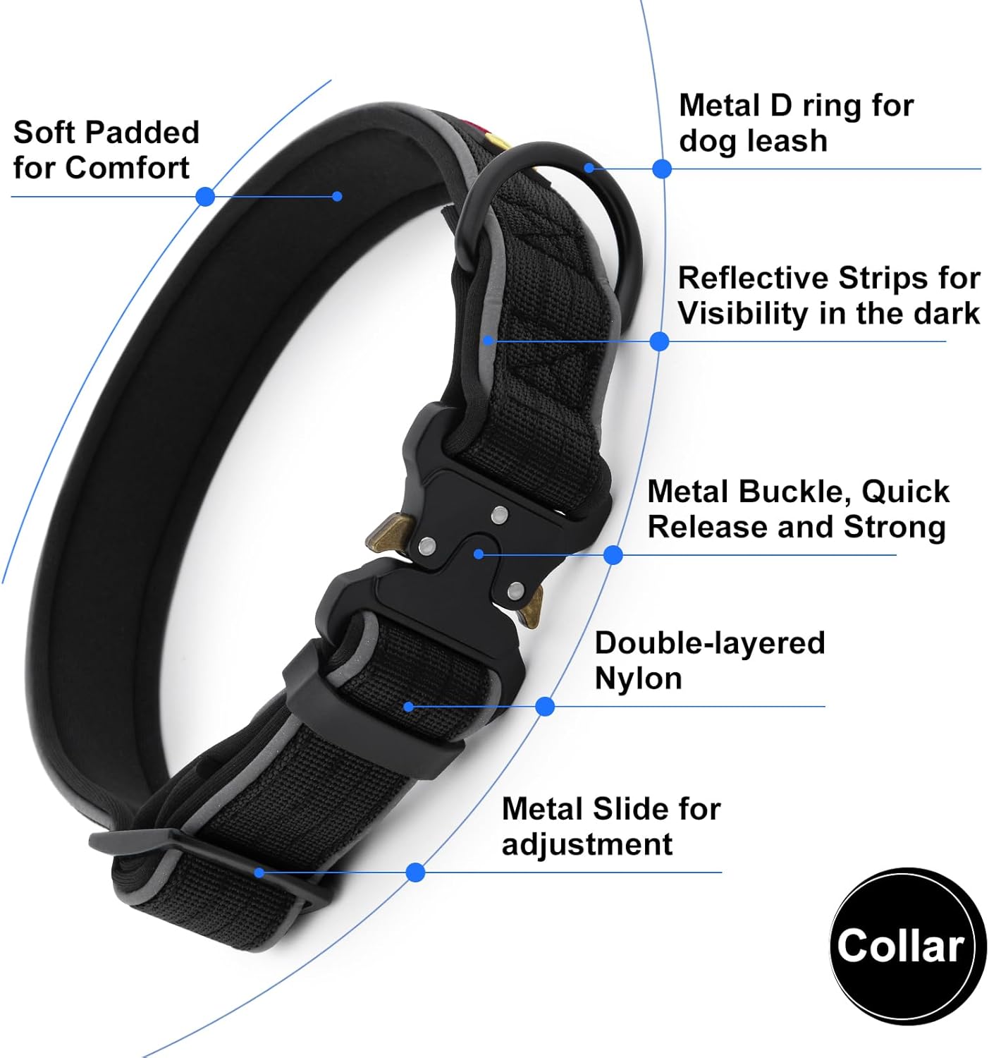 Plutus Pet Tactical Dog Collar, Reflective, Adjustable Heavy Duty Dog Collar, Soft Padded and Comfortable, for Small Medium and Large Dogs (Black, XS)
