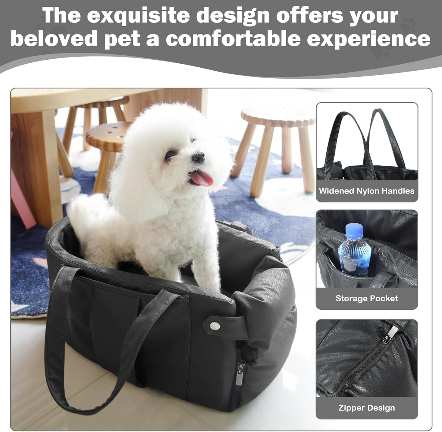 2 and 1 Center Console Dog Car Seat & Carrier for Small Dogs, Large Leather Dog Car Bed with Storage Pocket, Waterproof PVC Leather Seat Travel Bed for Front & Back Seat, Clip-On Safety Leash