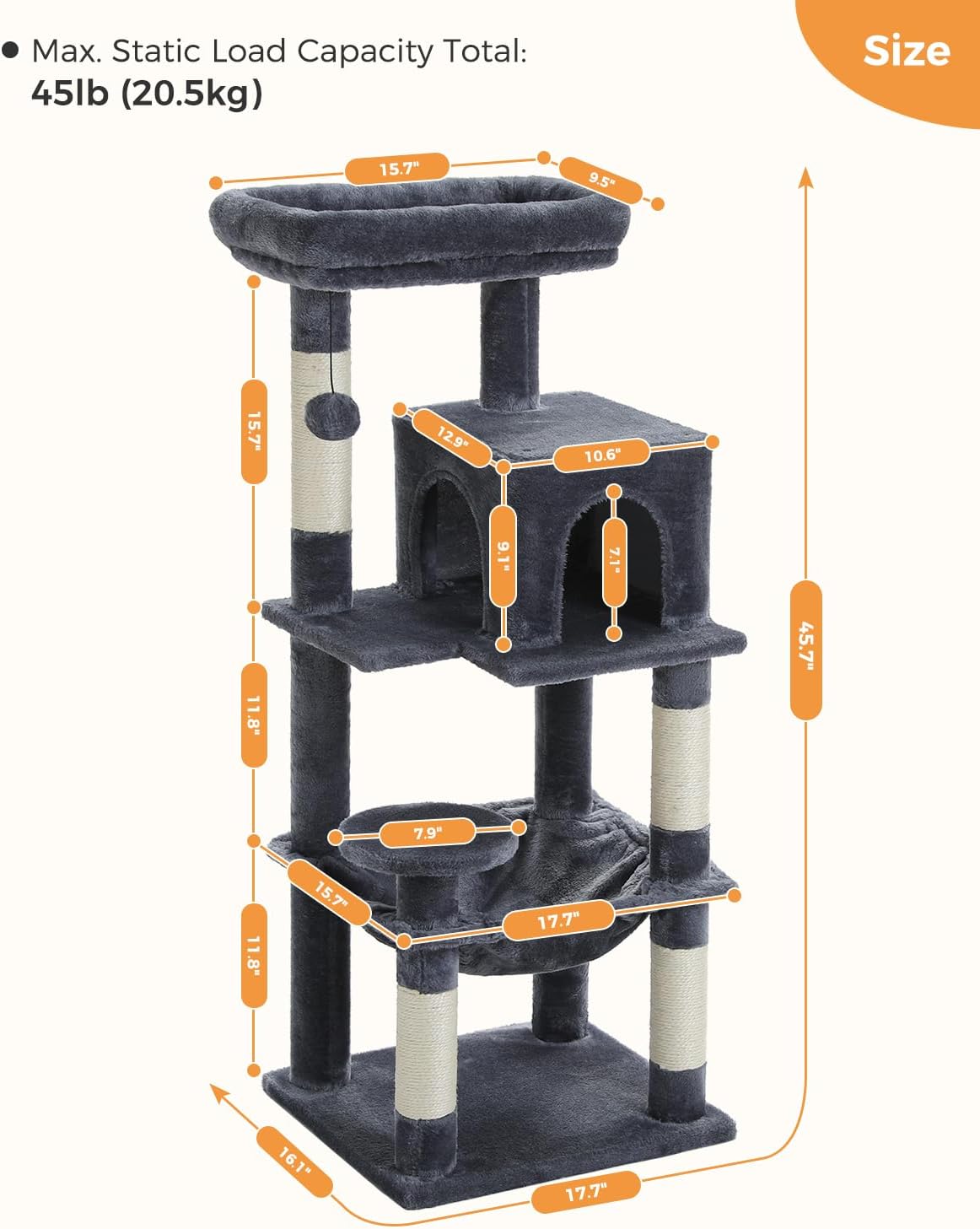 Cat Tree for Indoor Cats, 45.7" Multi-Level Cat Tower with Large Metal Frame Hammock, Cat Condo with 4 Scratching Posts and Top Perch for Small Medium Cat, Dark Grey
