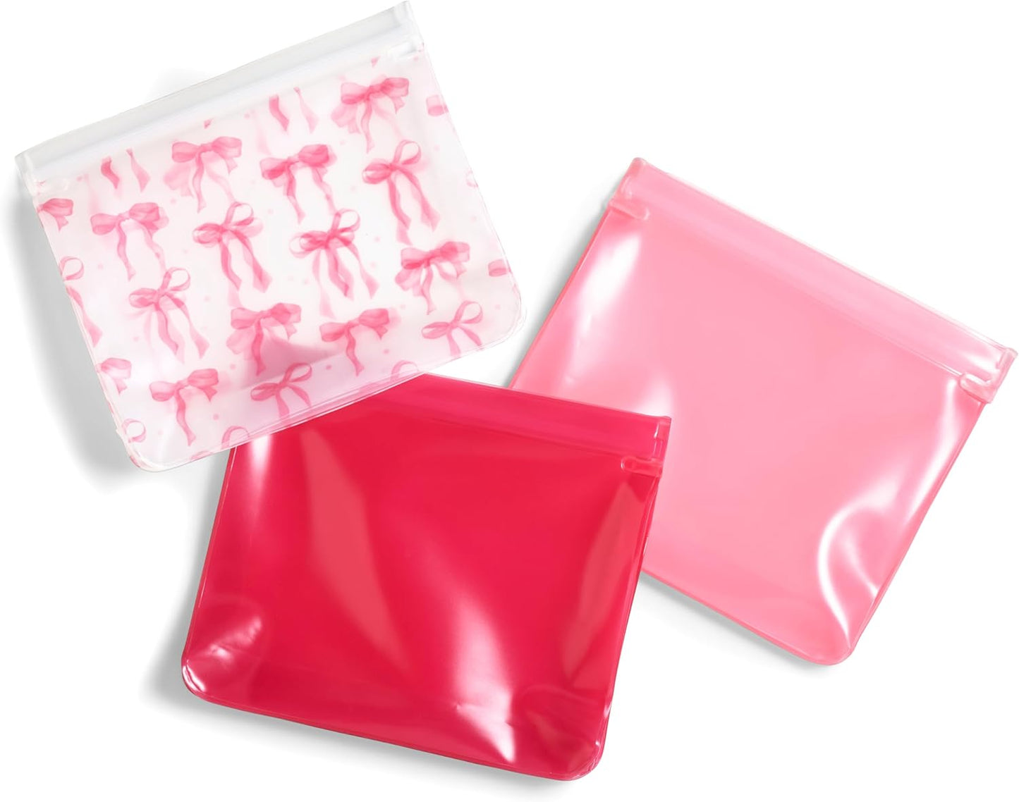 Fit & Fresh Reusable PEVA Storage Bags 3 Pack, Reusable Food Storage Bags, LeakProof Bag, Durable, Reusable Sandwich Bags, Freezer Safe Bags, Hand Wash, Easy to Clean, Eco-Friendly, Pink Bows