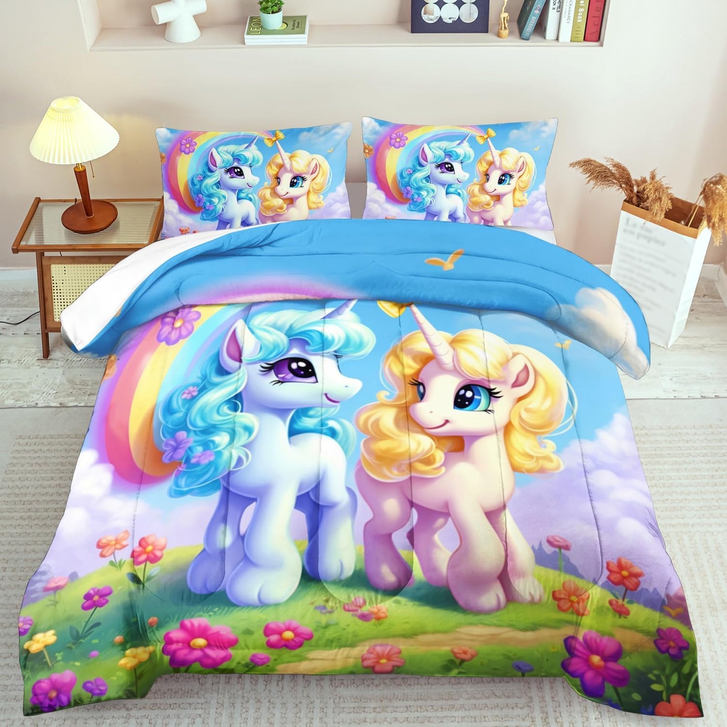 Unicorn Comforter Set Queen,Kawaii Unicorn Bedding Set Queen Kids,Rainbow Comforter Blue Bedroom Decor,Cute Animal Bedding Rainbow Bed Decor for Girls,Cartoon Blue Floral Quilt