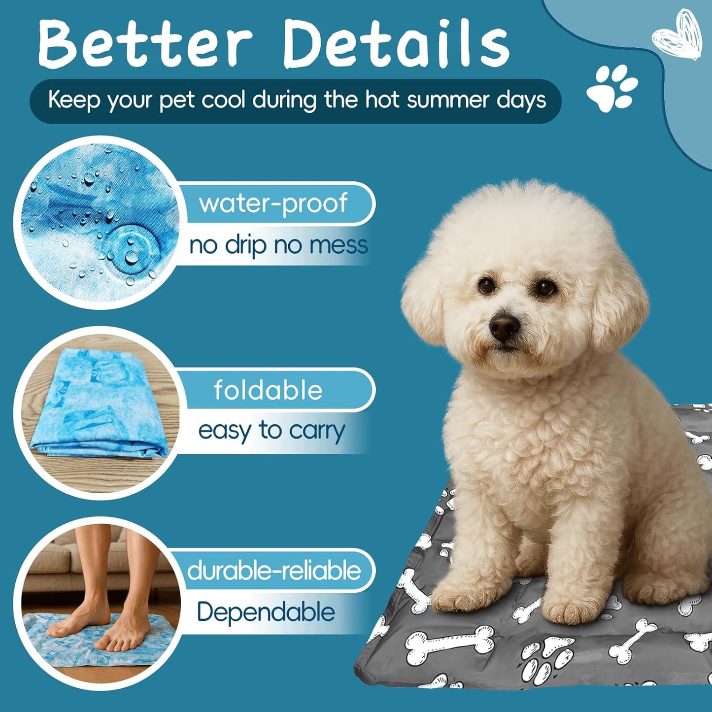 Cooling Pad for Dog,Instant Pet Cool Mat for Puppy,Comfortable Cool Pet Mat for Cat.Portable Dog Bed for Summer. Suitable for Outdoor Summer Crate Pad.Long Time Cooling.Bone(Size-M 15.7 * 19.7in)