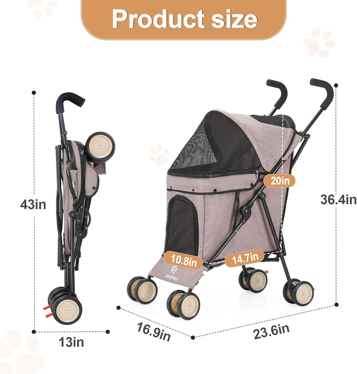 Umbrella Dog Stroller, 4 Wheels Pet Strolling, Foldable Carrier Pet Stroller for Small Dogs Cats, with Carrying Strap and Cup Holder, Dog Poop Bags & Dispenser, Up to 33 lbs, Coffee