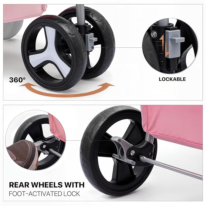 MoNiBloom 3-Wheels Foldable Pet Stroller with Waterproof Cover, Pet Strolling Cart for Small/Medium Dogs and Cats with Storage Basket and Cup Holder, Breathable and Visible Mesh for All-Season, Pink