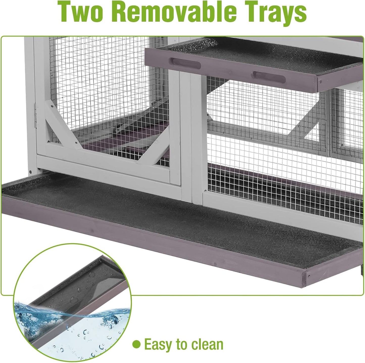 Wooden Rabbit Hutch with Two Story, Bunny Cage with Leak-Proof Trays, and Chew-Proof Ramp, Guinea Pig Cage with Wheels, Suitable for Indoor/Outdoor Use (Grey)