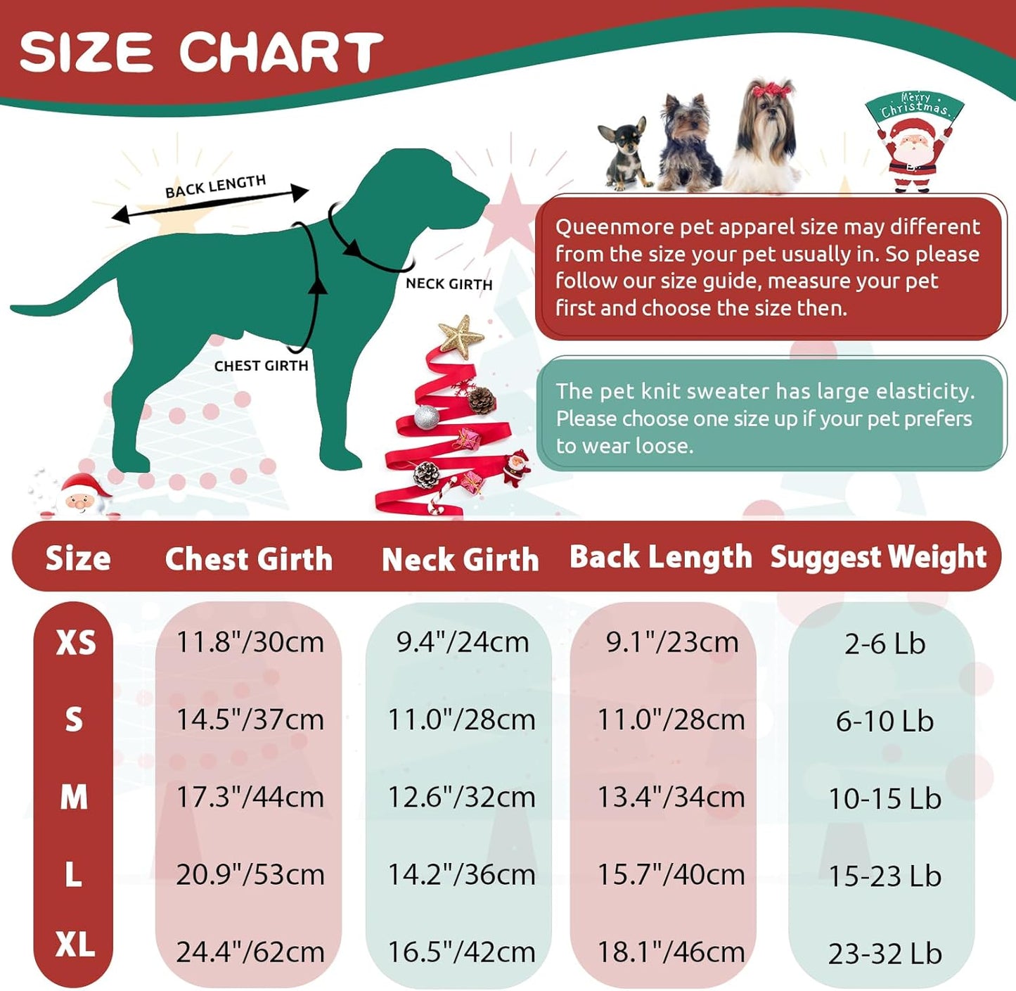 Queenmore Christmas Dog Sweater,Knitted Pullover Christmas Clothes,Turtleneck Dog Xmars Outfit, Warm Pet Sweaters for Small Dogs Boys or Girls M