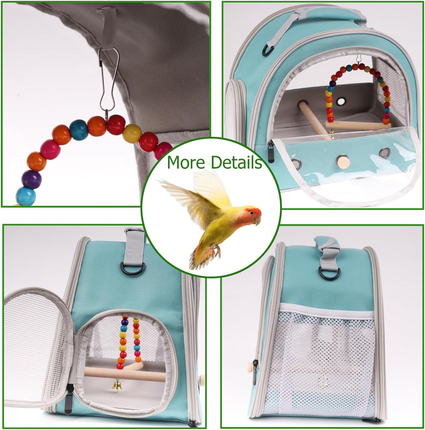 Portable Parrot Travel Cage Carrier with Small Swing Toy&Cage Colorful Toys Set Small Bird Parakeet Bag with Standing Perch Bird Carry Transport Bag (Green, Carreir/Swing)
