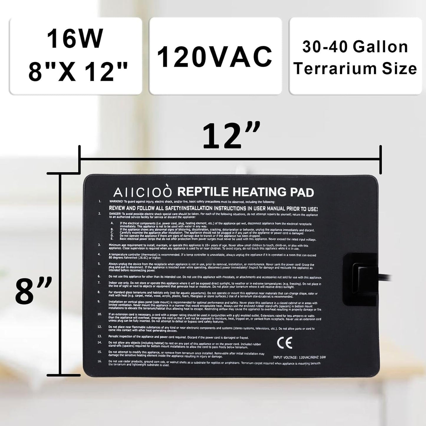 Aiicioo Reptile Heating Pad - Hermit Crab Heater Heat Mat for Reptiles Snake Lizard Terrarium 16 Watt