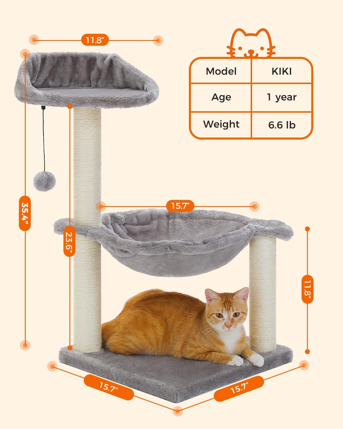 Cat Tree 28", Cat Scratching Post with 15.7" Large Cat Hammock Bed for Indoor Small Cats, Grey