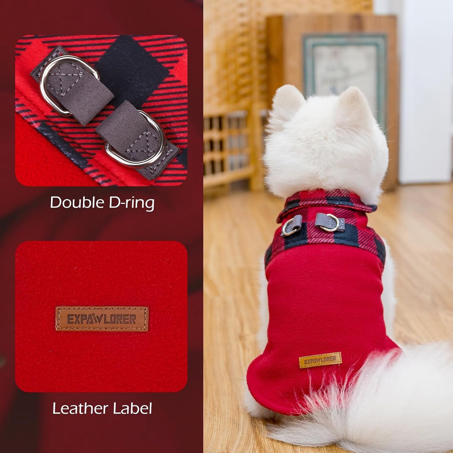 EXPAWLORER Fleece Dog Sweater - Classic Plaid Dog Jacket, Winter Coat Vest with 2 D-Rings for Leash, Pet Cold Weather Clothes, Sweatershirt for Boy or Girls