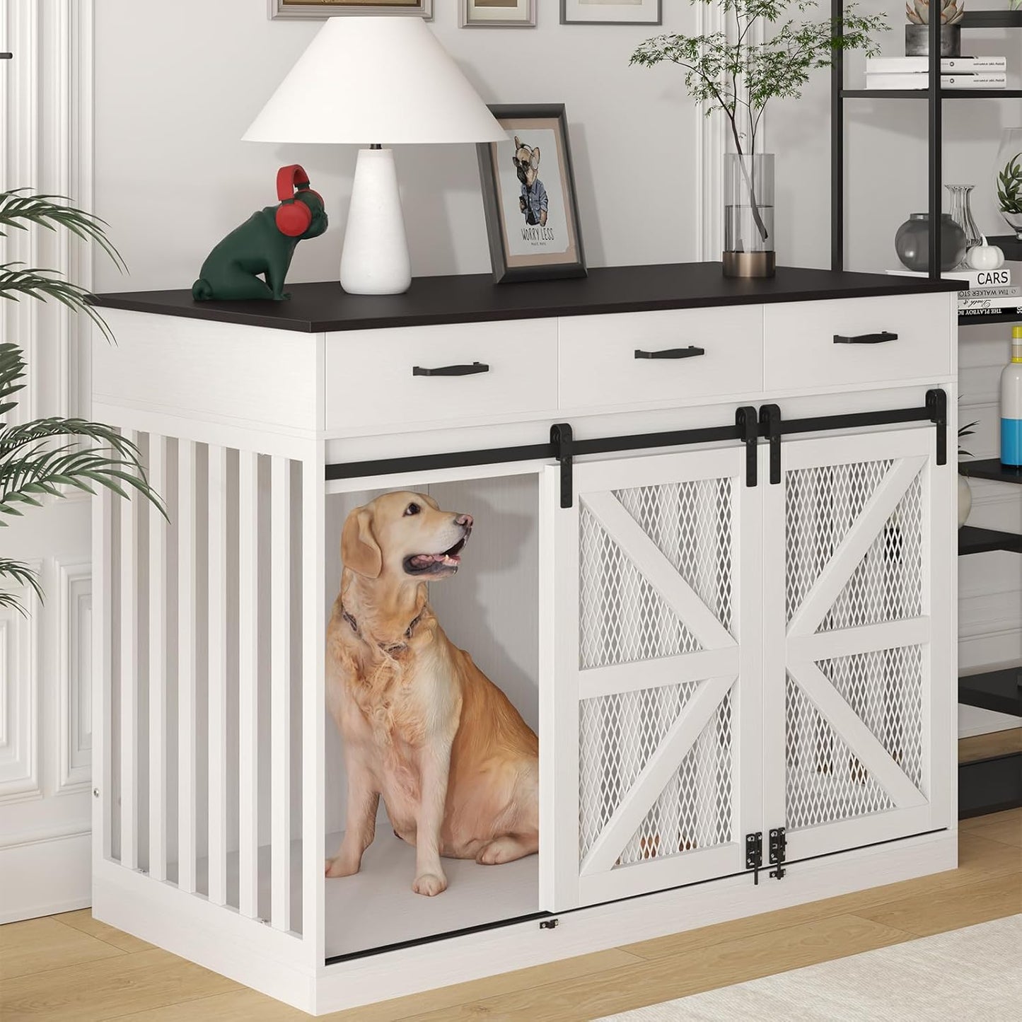 48'' Dog Crate Furniture with Divider&Storage Drawers, Wooden Double Dog Kennel Furniture End Table with Sliding Barn Doors, White Double Dog Crate TV Stand