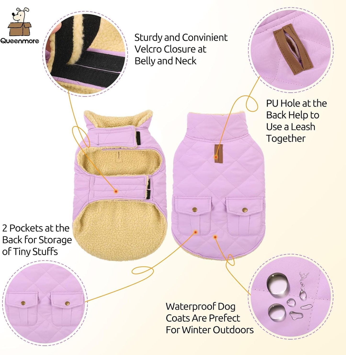 Queenmore Warm Dog Coat, Cold Weather Puffer Dog Coat Vest, Quilting Winter Pet Jacket Ultra Thick Plush Fleece Lining Pet Clothes for Dogs with Storage Pockets (Lilac,X-Large)